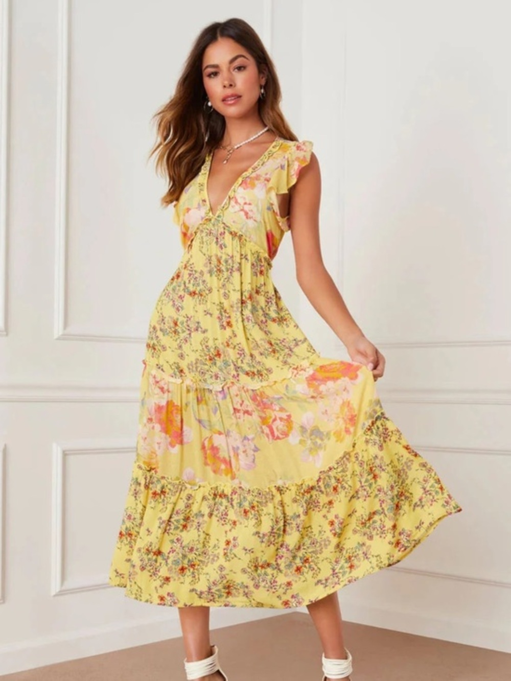 NWT Band of The Free Yellow Floral V-Neck Tiered Maxi Dress